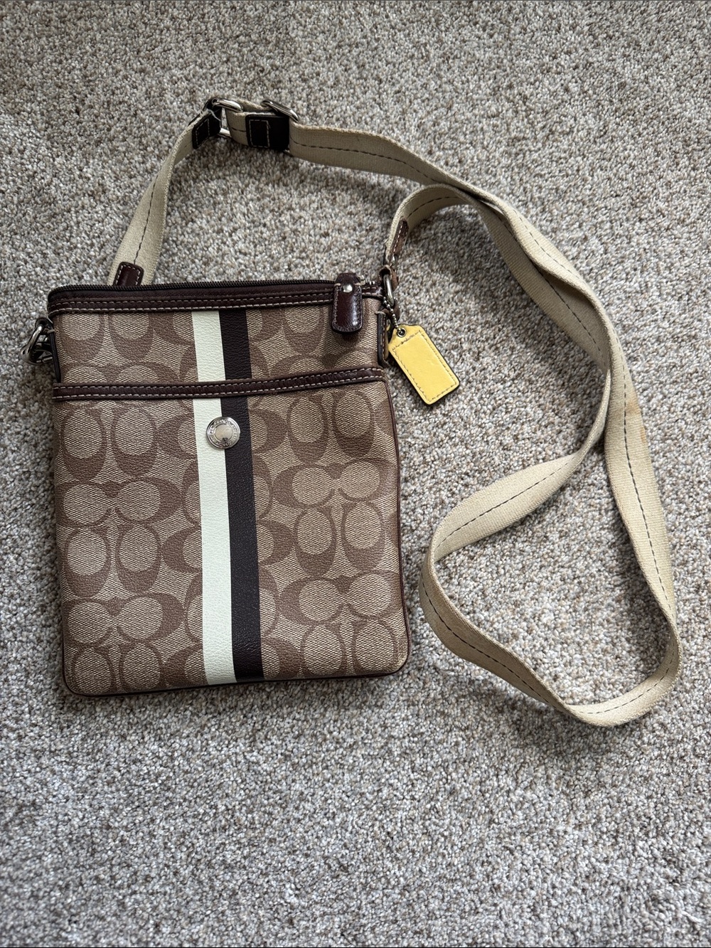 Coach Brown Signature Canvas Crossbody with Cream and Dark Brown Stripe